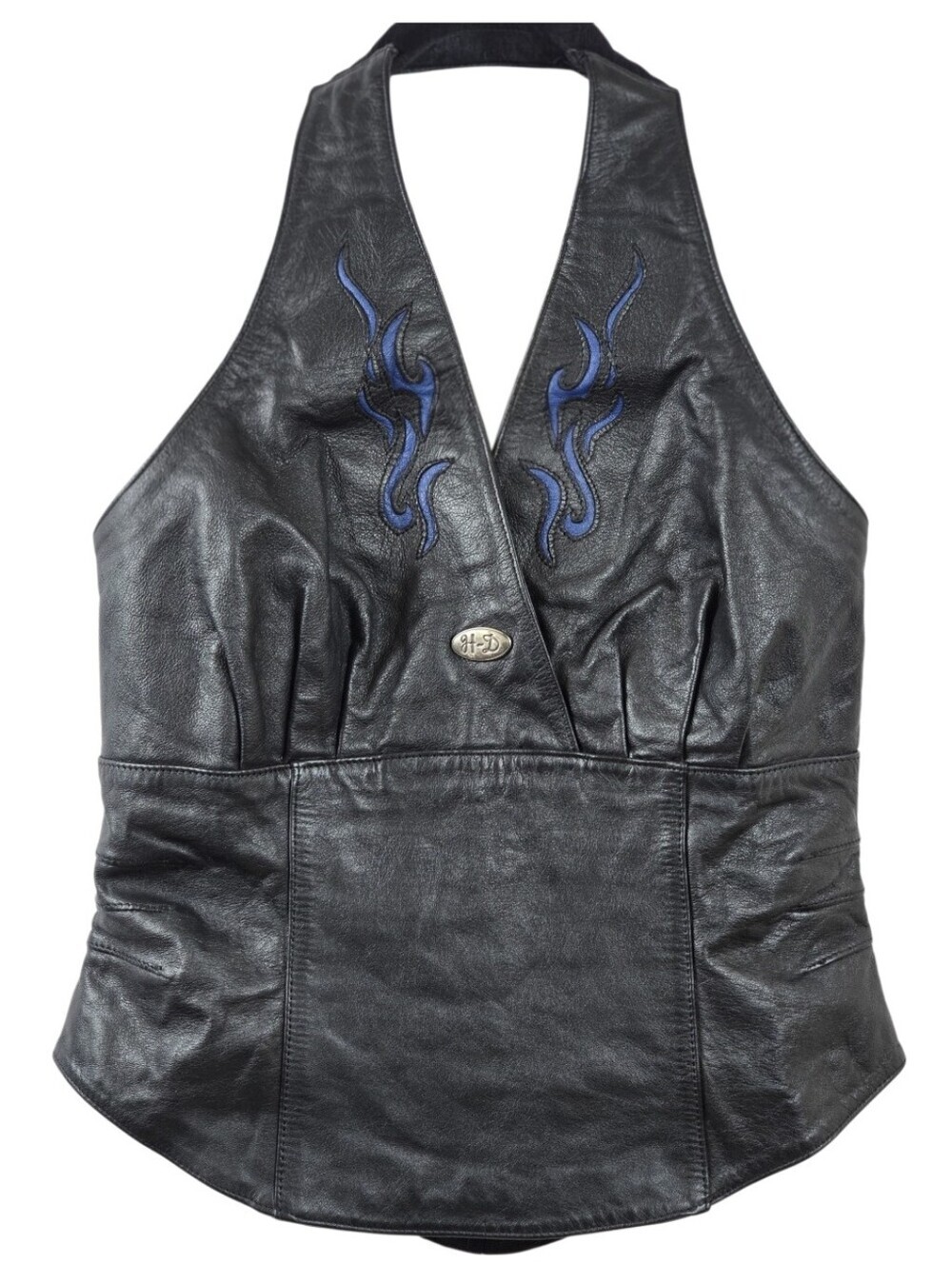 VTG Y2k Harley Davidson Blue Flame Leather Halter Top Corset Bustier 32/4 Small